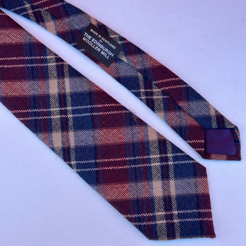 Edinburgh Woollen Mill Pure New Wool Plaid Tie Navy Burgundy Made Scotland 54"